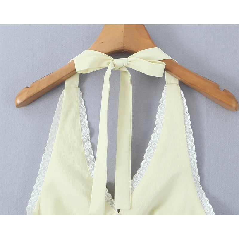 Sweet Girl Sexy Backless Halter White Lace Trim Fitted Crop Top