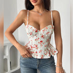Floral Print Coquette Crop Corset Top With Spaghetti Straps And Ruffle Hem