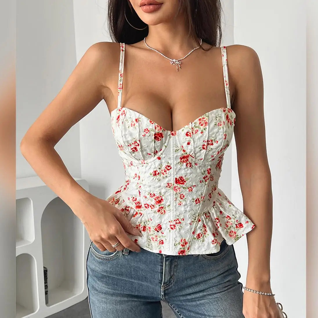Floral Print Coquette Crop Corset Top With Spaghetti Straps And Ruffle Hem