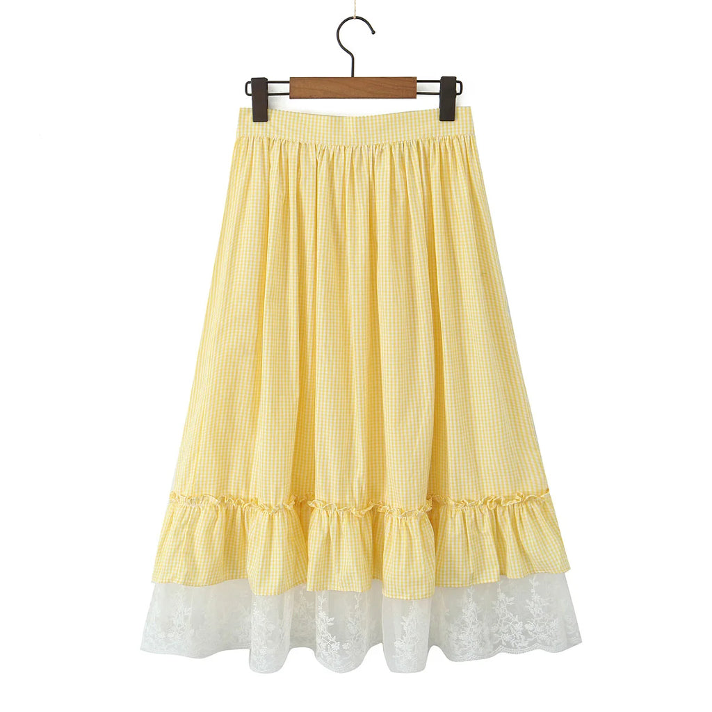 Yellow Gingham Lace Top And Skirt Set Vintage