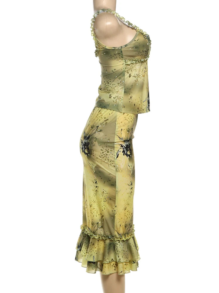 See Through Two Piece Set With Ruffles Patchwork Camisole And Tiered Skirts