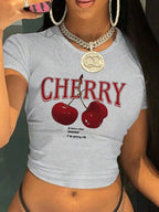 Cherry Print Crop Tee With Crew Neck Short Sleeves Slim