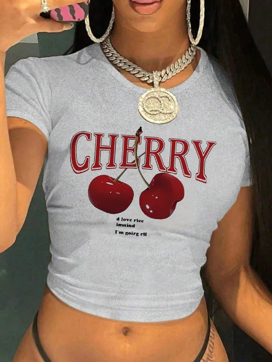 Cherry Print Crop Tee With Crew Neck Short Sleeves Slim