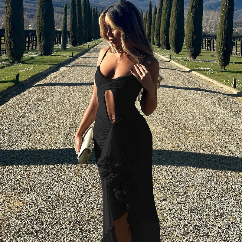 Banquet Ready Allure Ruched Lace Mesh Long Dress With Openwork Bodice And Asymmetrical Silhouette