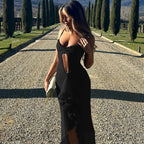 Banquet Ready Allure Ruched Lace Mesh Long Dress With Openwork Bodice And Asymmetrical Silhouette