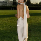 Satin Halter Backless Maxi Dress With Ribbon Tie Sleeveless Evening Gown