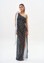 Cute Dot Design One Shoulder Bikini Set With Long Sleeve Backless Hollow Out Sheer Skirt