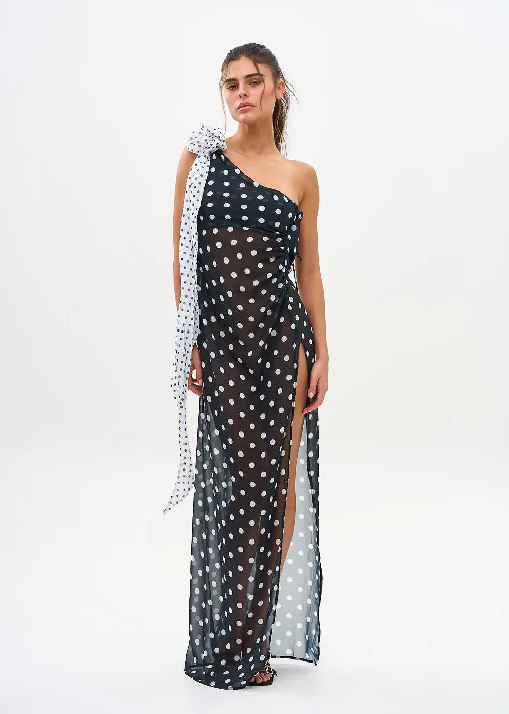 Cute Dot Design One Shoulder Bikini Set With Long Sleeve Backless Hollow Out Sheer Skirt