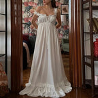 Vintage Floral Lace Trim Sleeveless Dress With Square Neckline Empire Waist And Backless Ruffled Hem