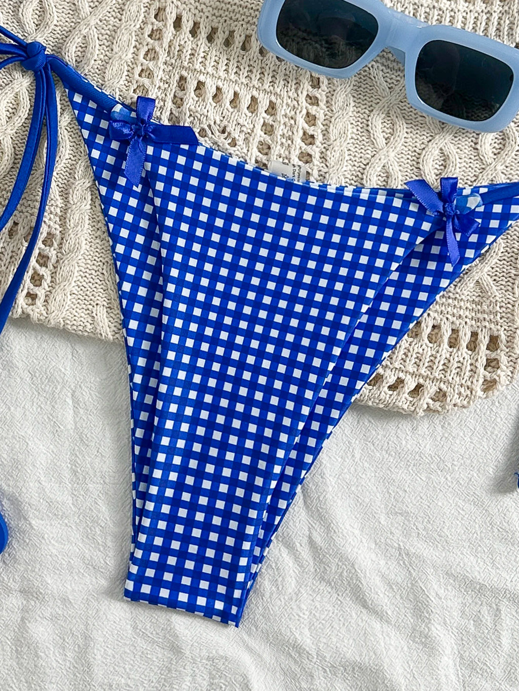 Picnic Plaid Bikini Set in Blue and White Bowknot Halter Top with Tie Up Triangle Bottoms