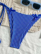 Picnic Plaid Bikini Set in Blue and White Bowknot Halter Top with Tie Up Triangle Bottoms