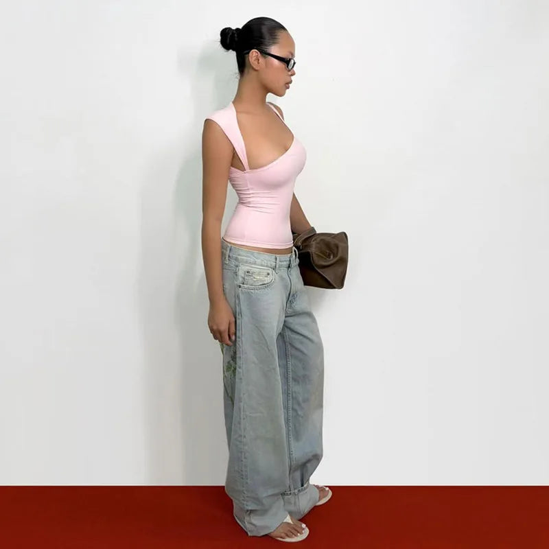 Irregular Neckline Sleeveless Tank Top For Women Slim Fit