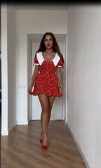 Romantic Red Floral Peter Pan Collar Dress With Puff Sleeves V Neck Button Front A Line Mini