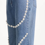 Glimmering Rhinestone Patchwork Denim With Loop Detail For A Chic Straight Leg Silhouette