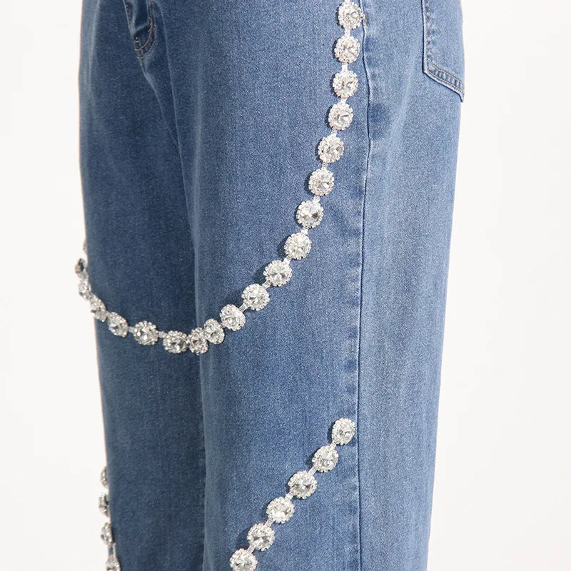 Glimmering Rhinestone Patchwork Denim With Loop Detail For A Chic Straight Leg Silhouette