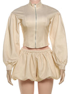 Stripe Zipper Cardigan And Ruched Mini Skirt Set