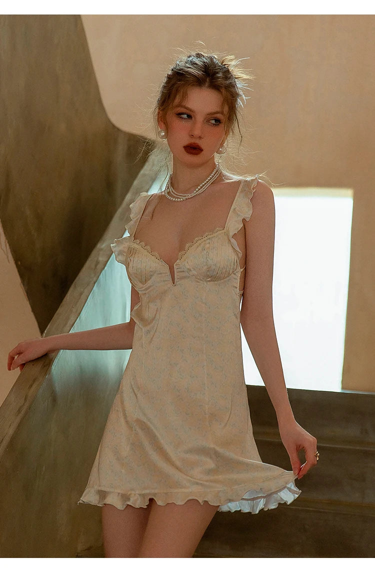 Ice Silk Halter Nightgown With Lace