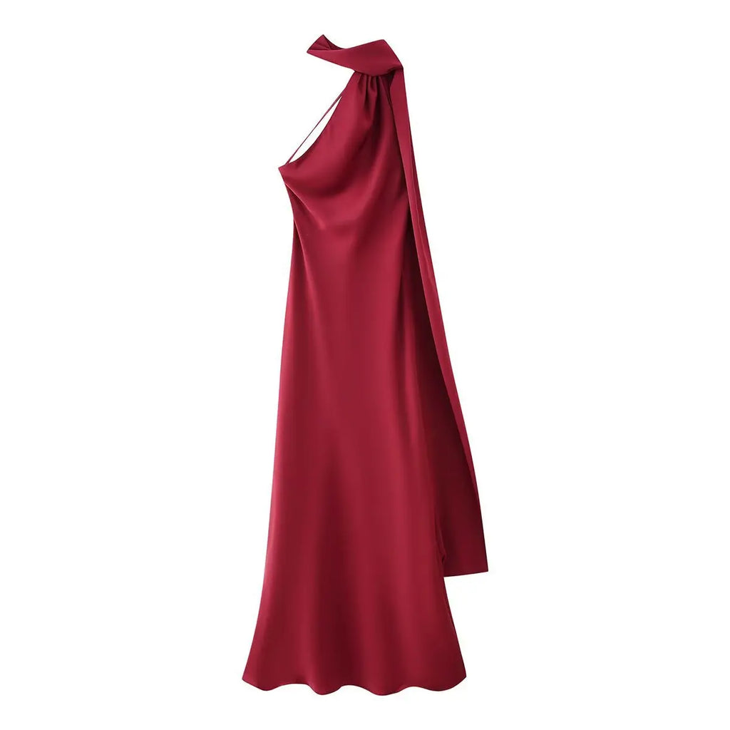 Elegant Silk Satin Halter Maxi Dress Backless Ribbon Tie Evening Gown