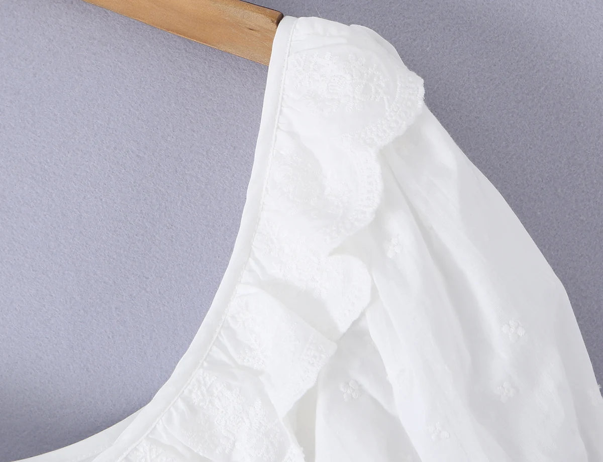 Sweet White Embroidered Floral Crop Shirt With V Neck Puff Sleeves And Ruffle Hem Slim Fit