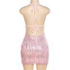 Gleaming Halter Neck Backless Sequin Tassel Party Dress