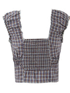 Sweet Plaid Chic Single Breasted Cropped Tops French Square Collar Puff Sleeve Blouse