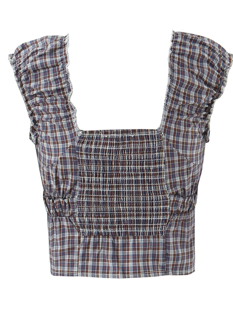 Sweet Plaid Chic Single Breasted Cropped Tops French Square Collar Puff Sleeve Blouse