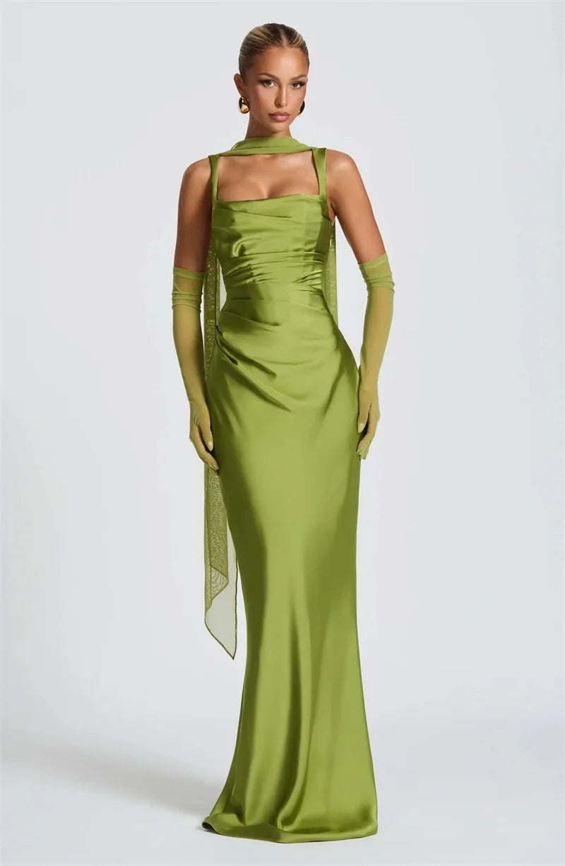 Elegant Satin Backless Halter Off-Shoulder Maxi Dress