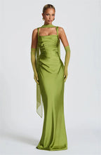 Elegant Satin Backless Halter Off-Shoulder Maxi Dress
