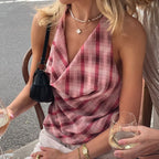 Cowl Neck Backless Crop Top With Vintage Plaid Halter