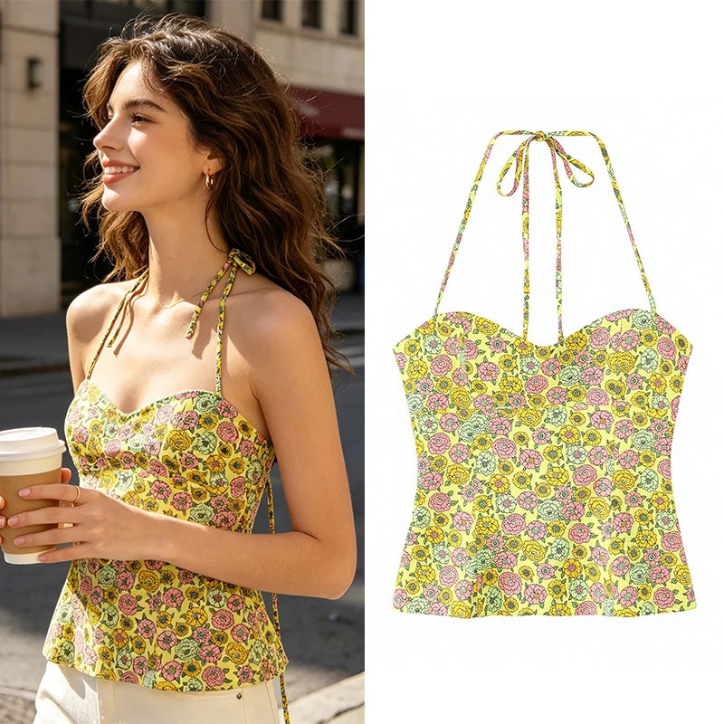 Floral Poplin Spaghetti Strap Top Flowy Lightweight Blouse