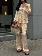 Printed Blouse And Pants Set With Long Sleeves And Lace Up Shirt
