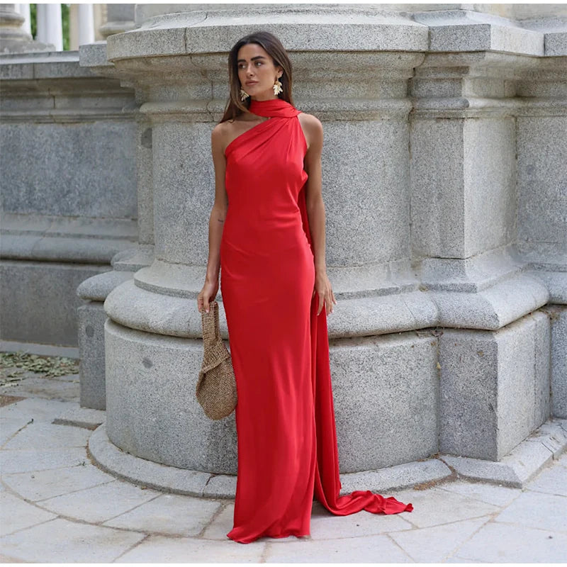 Sexy Satin Ribbon Backless Halter Dress For Elegant Evening Gown
