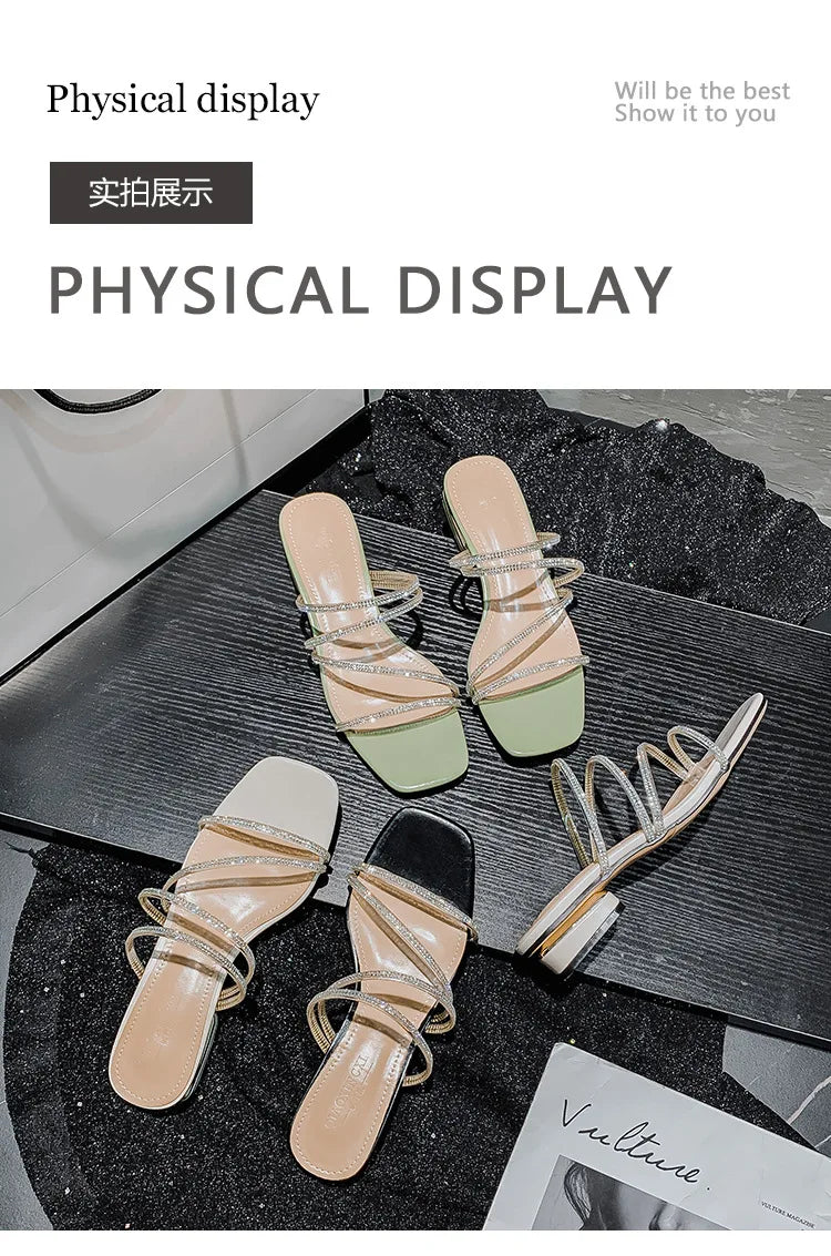 Crystal Rhinestone Clear Strap Sandals With Low Heel