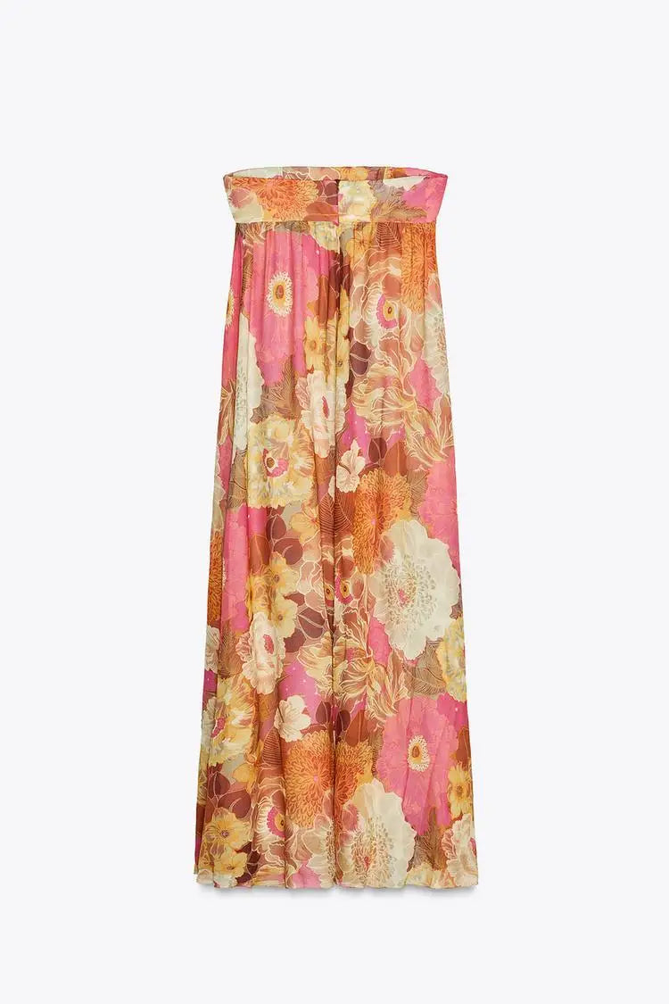 Printed Strapless Maxi Dress Elegant Off Shoulder Backless Gown High Waist