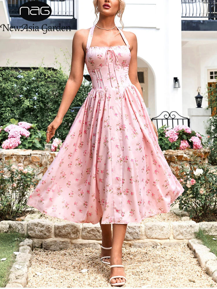 Floral Halter Midi Dress With Spaghetti Straps, Backless Corset Waist Tie Up Detail
