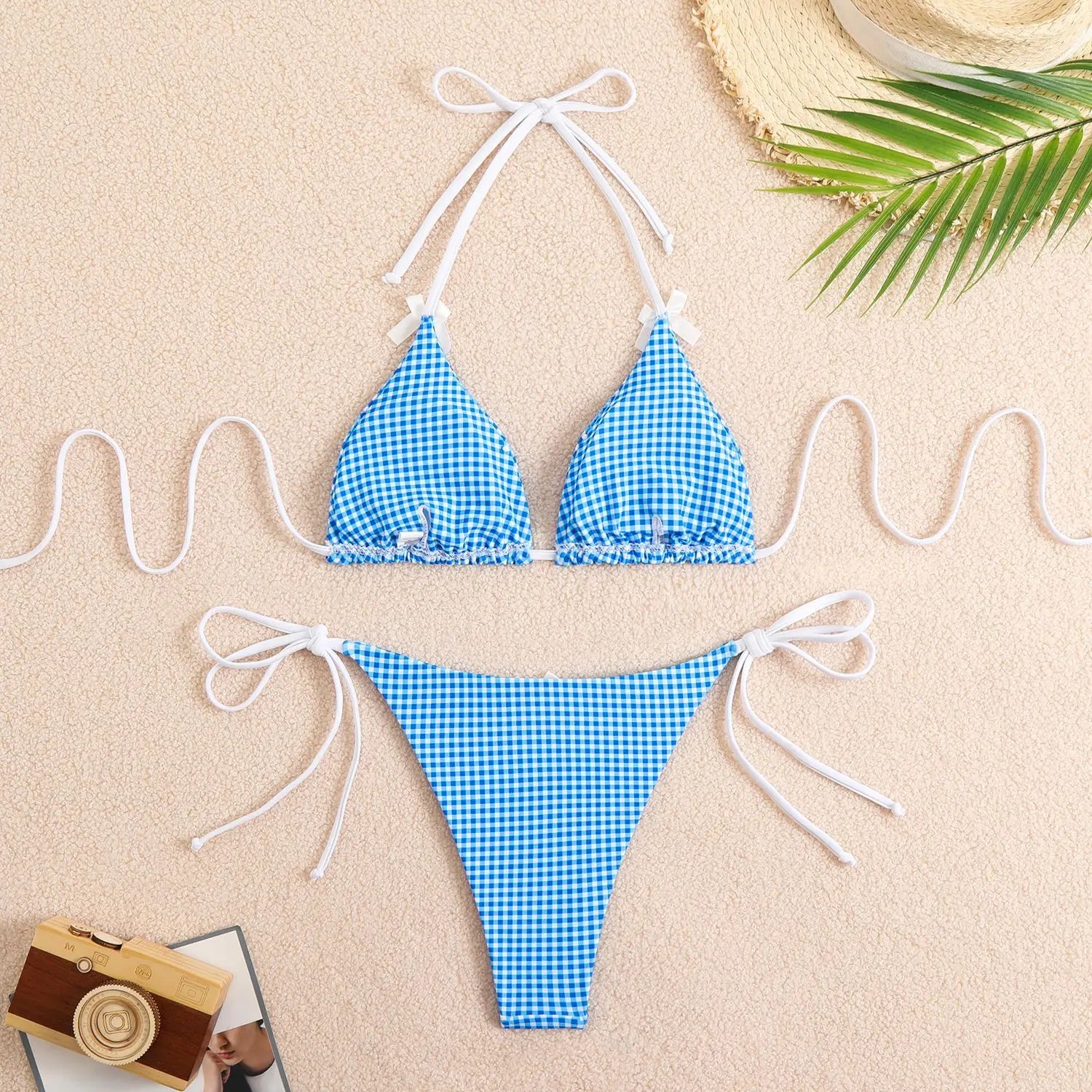 Plaid Dot Swimsuit With Neck Bow Tie Vintage Beachwear