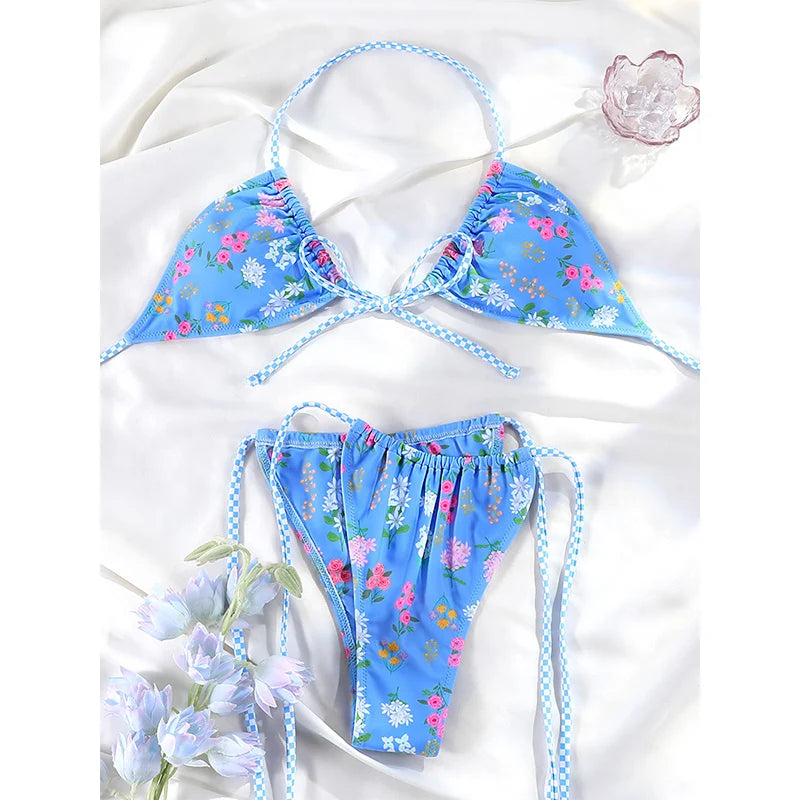 Floral Bow Pink Bikini Swimsuit For Women Low Waist Bandage Beachwear Chic Summer Bathing Suit