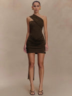 One Shoulder Backless Mini Dress With Draped Ruched Silhouette