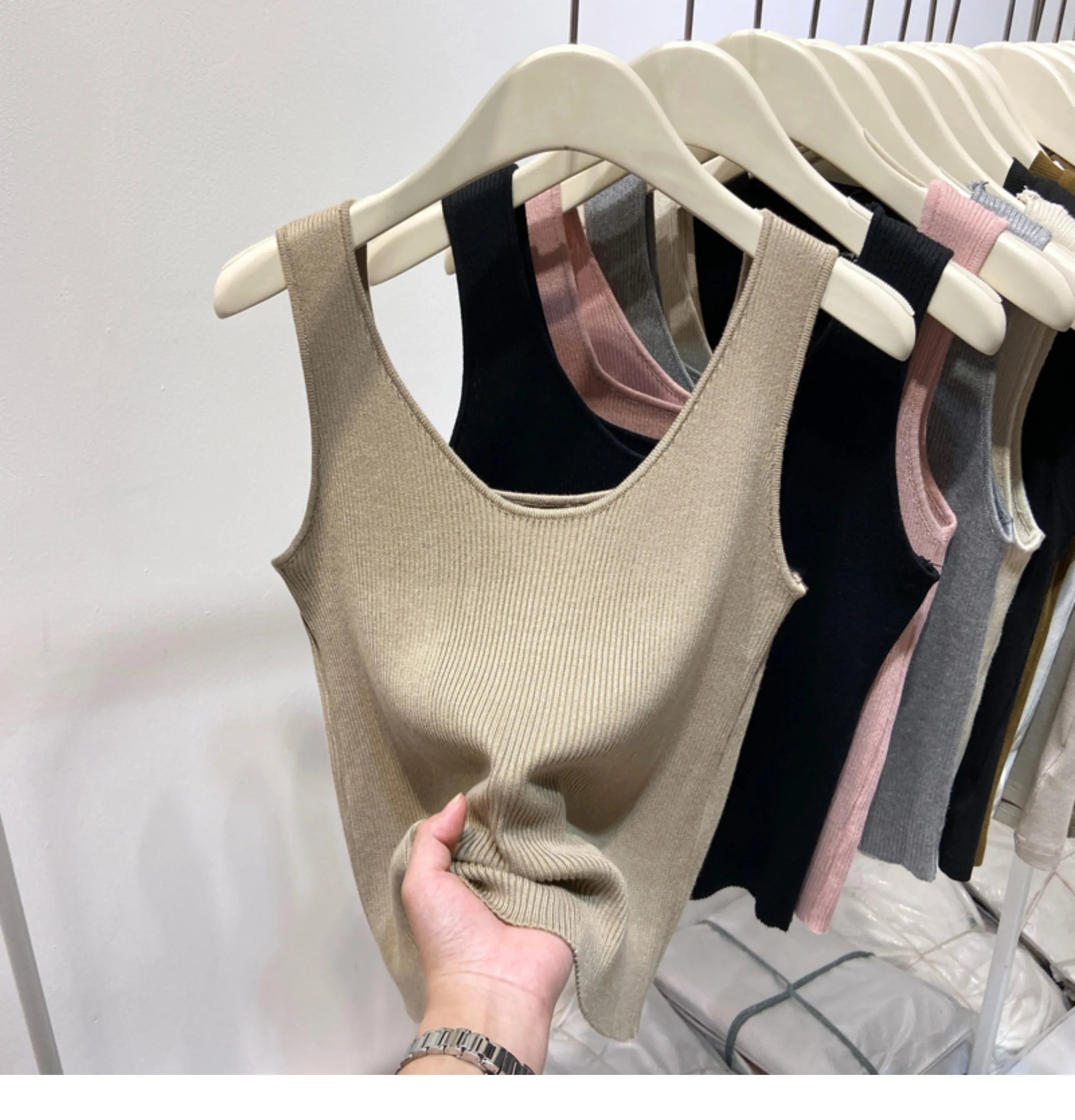 Knitted Strap Top With Clavicle Square Collar