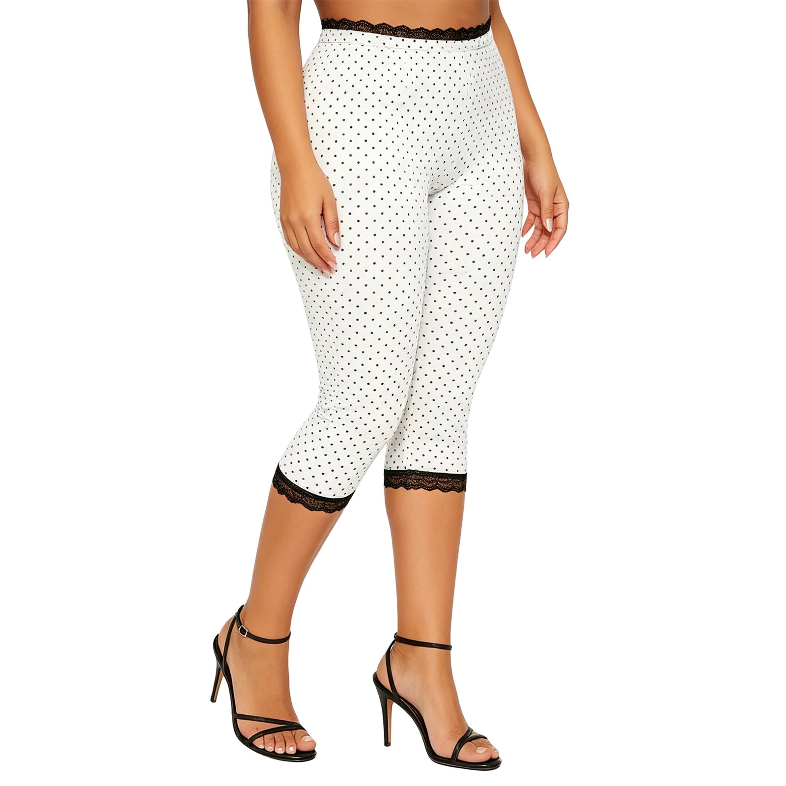 Lace Trim Capri Leggings With Elastic Waist Women Three Quarter Length