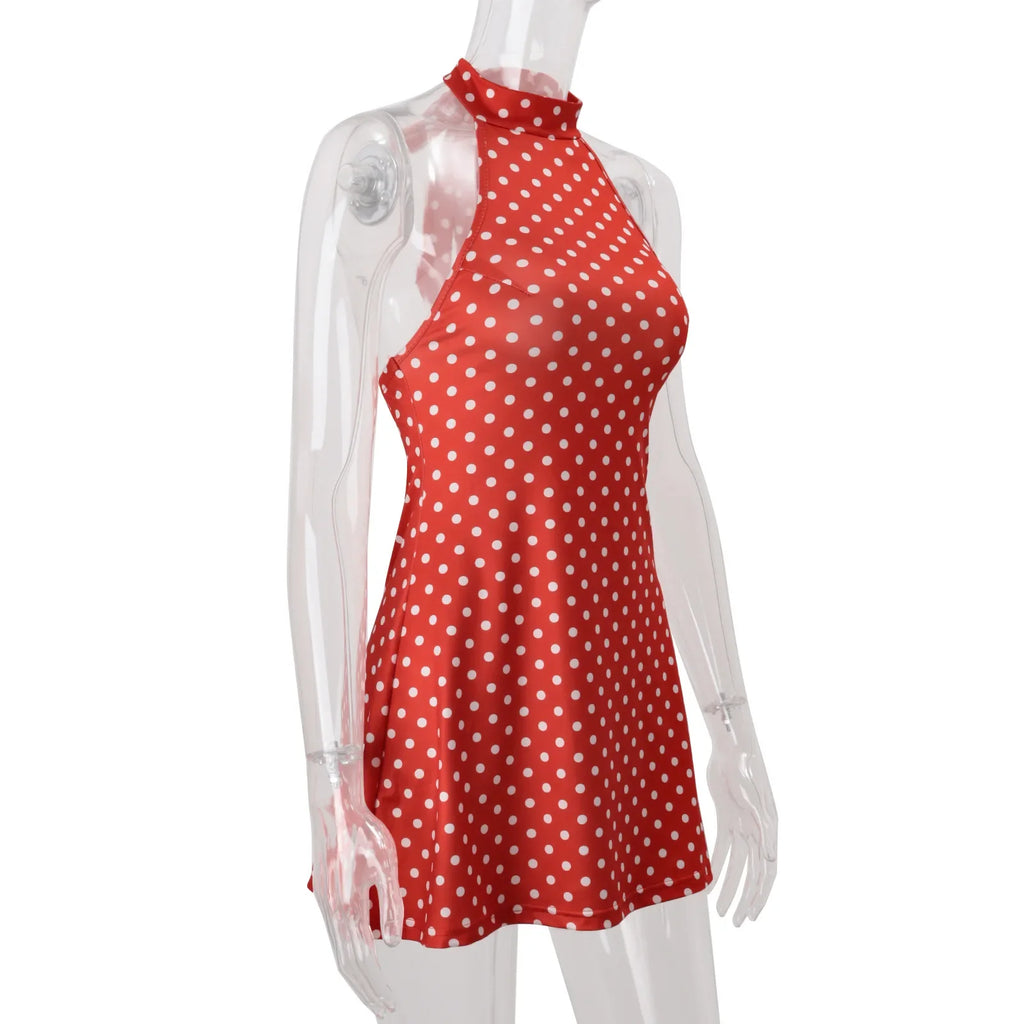 Elegant Off Shoulder Polka Dot Mini Dress Sleeveless Backless High Waist