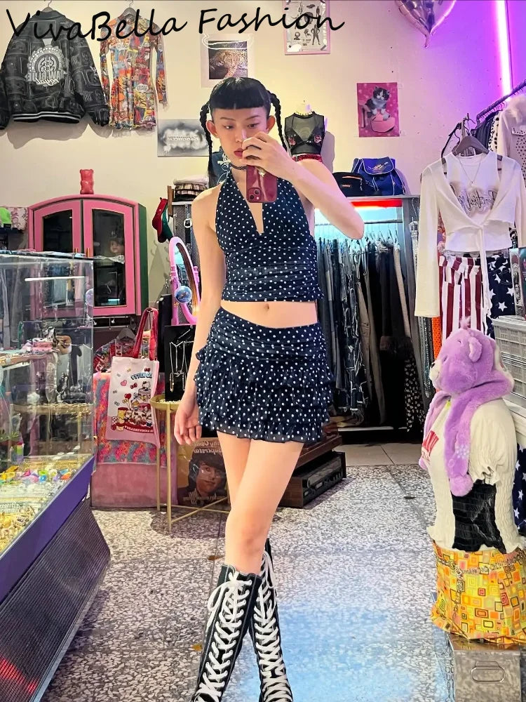 Polka Dot V Neck Halter Top Set With High Waist Ruffle Hem Mini Skirt