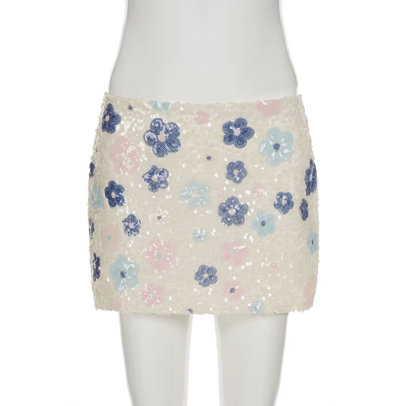 Colorful Floral Sequin Mini Skirt Low Waist Bodycon