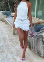 Halter Neck Backless two piece Pleated Skirt Set