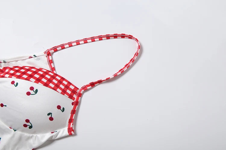 Cherry Plaid Y2K Backless Crop Top Skirt Set