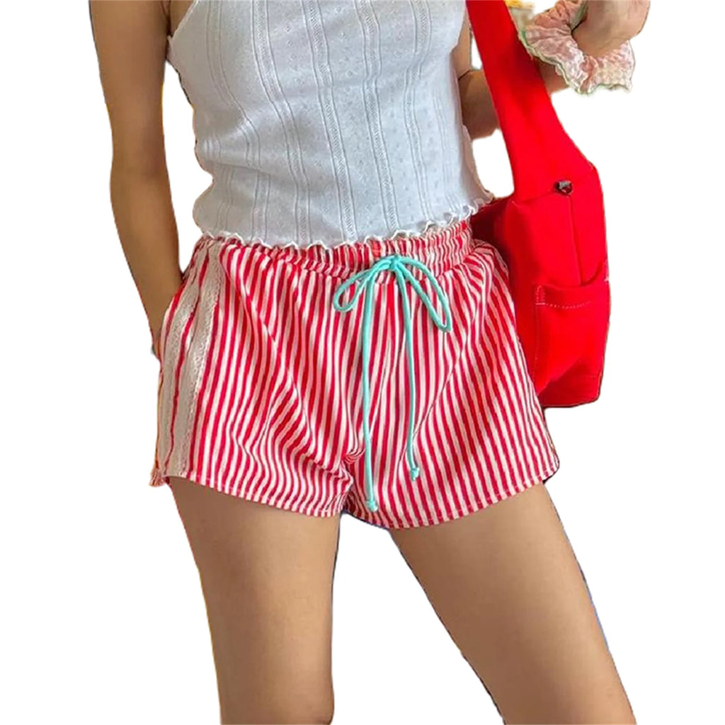 Vintage Kawaii Ruffles Lace Trim Striped Shorts With Drawstring For Cozy Cottagecore