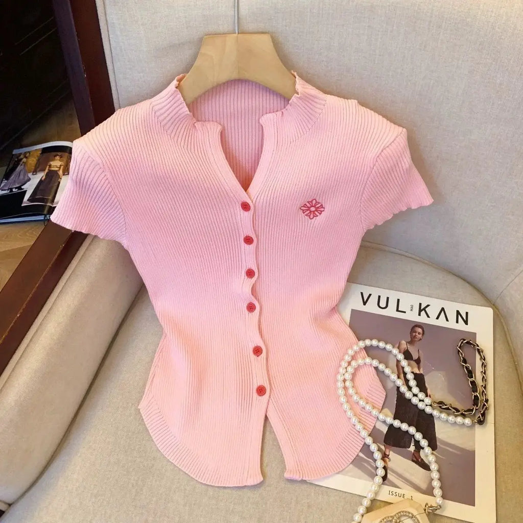 Luxe Knit Cropped Blouse V Neck Cardigan Slim Fit Top