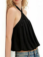Cross Button Halter Top With Backless Design And Puffball Hem