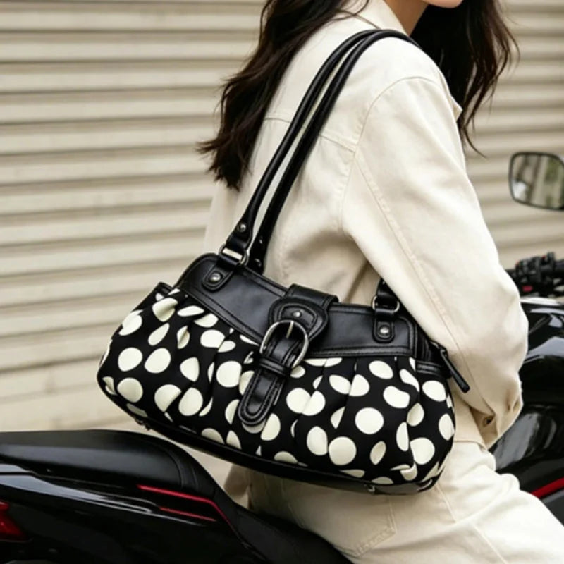 Retro Polka Dot Underarm Bag For Women With Belt Buckle Patchwork Rivet Design Everyday Vintage Charm