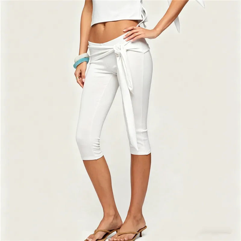 Women Solid Color Wrap Waist Tie Knot Capri Pants High Waist Fitted Cropped Leggings with Ruched Front